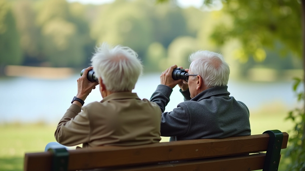 Staří turisté s dalekohledem pozorují ptáky u vody