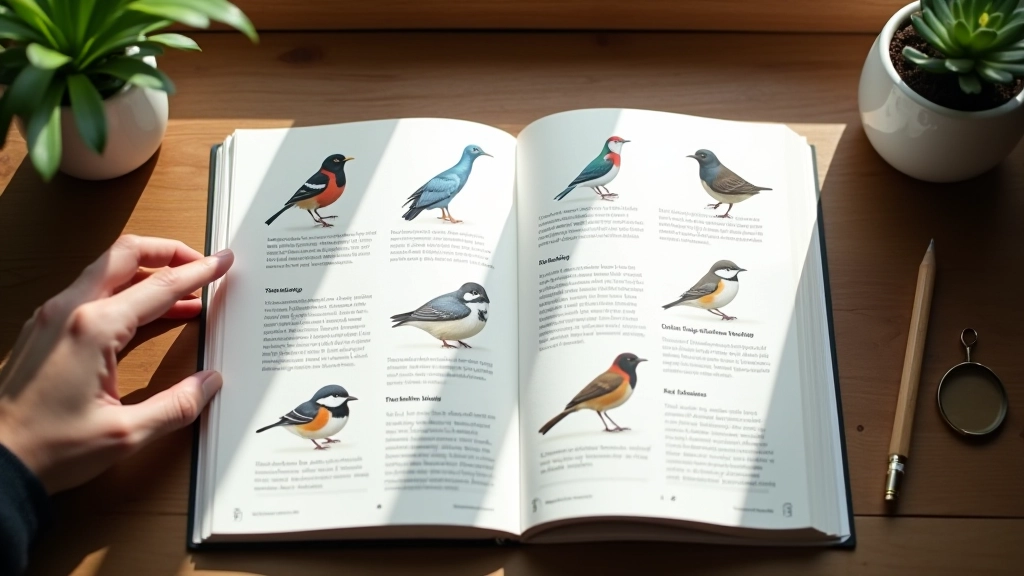Stránka z ptačího průvodce s ilustracemi a popisy různých druhů ptáků
